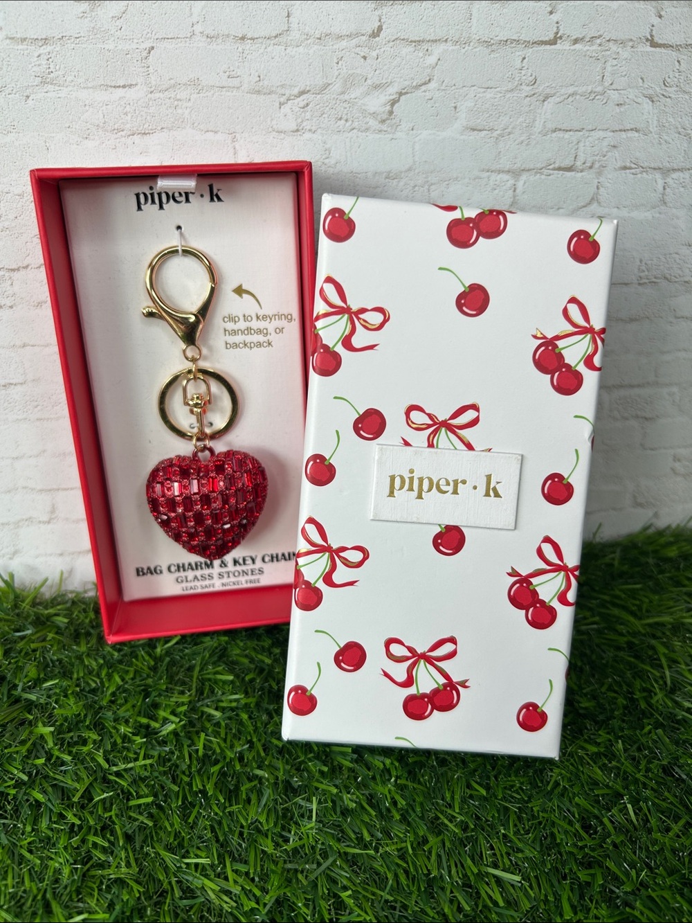 piper•k Red Crystal Heart Keychain Bag Charm with Gold Hardware NIB